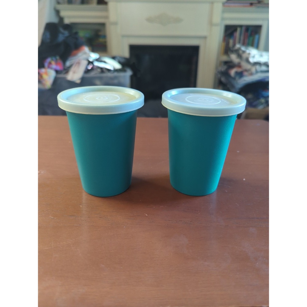 2 Vintage Tupperware Bell Tumblers With Solid Lids  Turquoise Teal 7 oz.